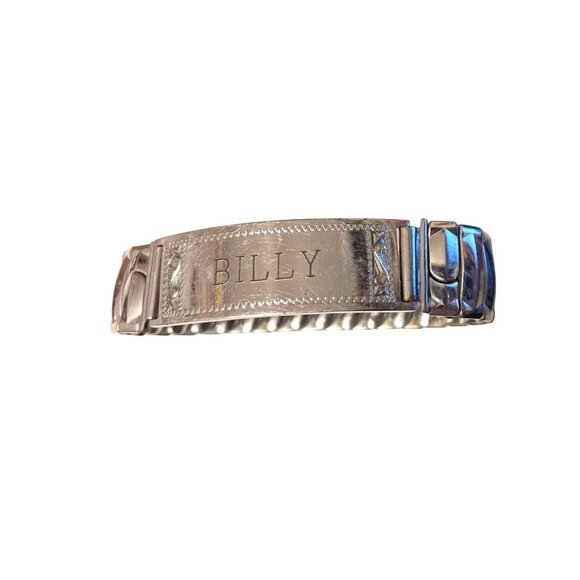 Vintage Silver-Tone Stretch Bracelet Band With Engraved "Billy" Nameplate - Picture 1 of 10